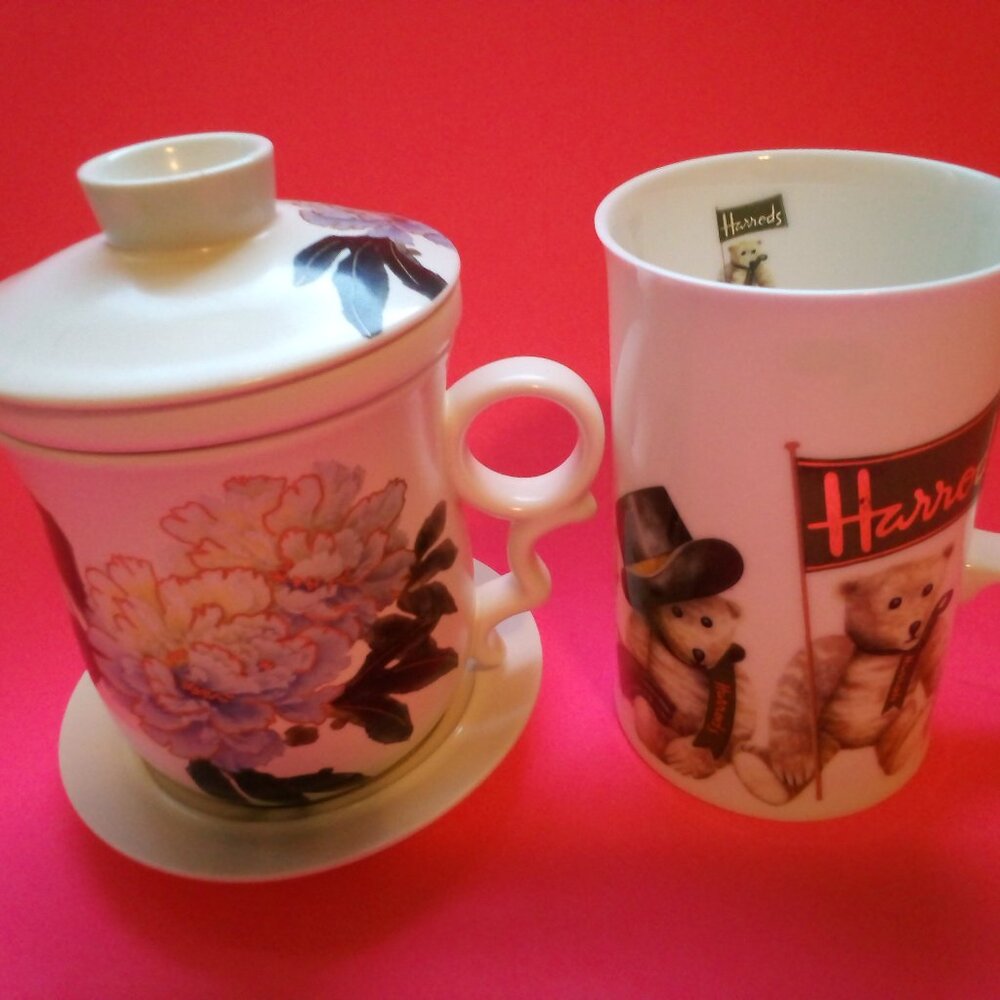Teavana porcelain tea cup set NEW. Plus Harrods fine bone China cup.